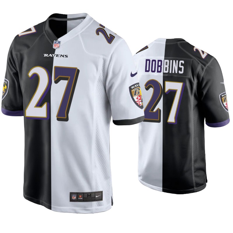 Mens #27 J.K. Dobbins Baltimore Ravens Stitched Nike Black White Split Two-Tone Jersey