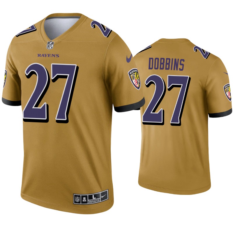Mens #27 J.K. Dobbins Baltimore Ravens Stitched Nike Gold Inverted Legend Jersey