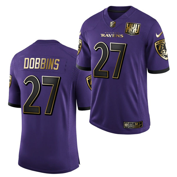Mens #27 J. K. Dobbins Baltimore Ravens Stitched Nike Purple 25th Anniversary Speed Machine Golden Limited