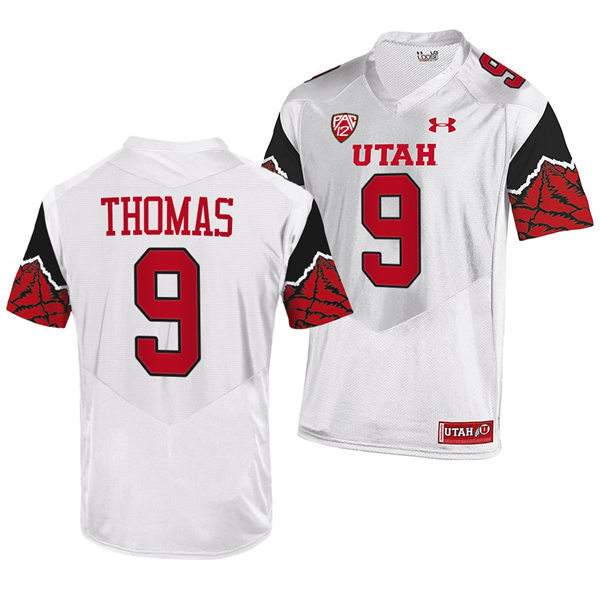 Mens Utah Utes #9 Tavion Thomas White Printing Pattern Sleeves College Football Game Jersey