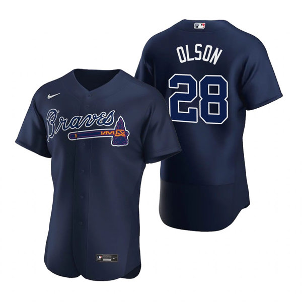 Mens Atlanta Braves #28 Matt Olson Navy Alternate 2nd FlexBase Jersey
