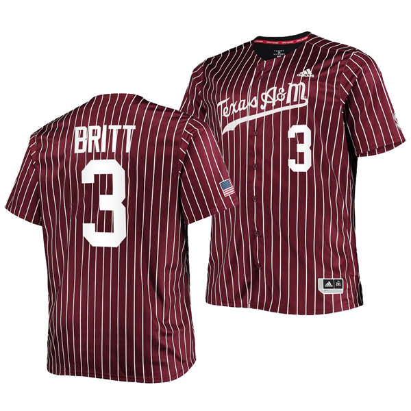 Mens Youth Texas A&M Aggies #3 Logan Britt 2022 Maroon Pinstripe College Baseball Game Jersey