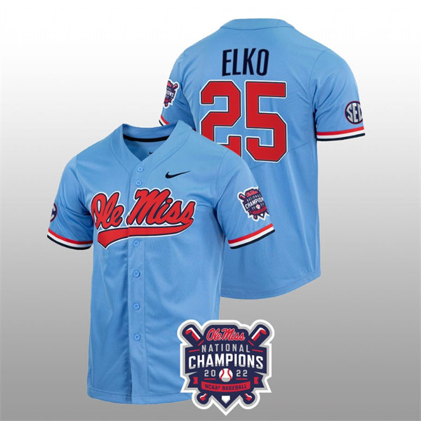 Mens Youth Ole Miss Rebels #25 Tim Elko Powder Blue 2022 College Baseball World Series Champions Jersey Mens Youth Ole Miss Rebels #25 Tim Elko Powder Blue 2022 College Baseball World Series Champions Jersey