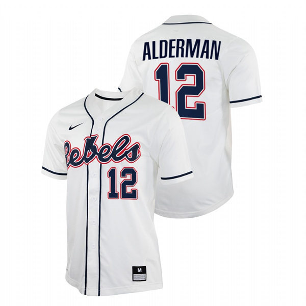 Mens Youth Ole Miss Rebels #12 Kemp Alderman White College Baseball Game Jersey