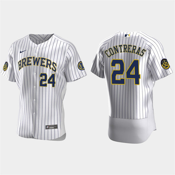 Mens Milwaukee Brewers #24 William Contreras Nike White Pinstripe Alternate FlexBase Player Jersey