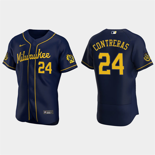 Mens Milwaukee Brewers #24 William Contreras Nike Navy Alternate FlexBase Player Jersey