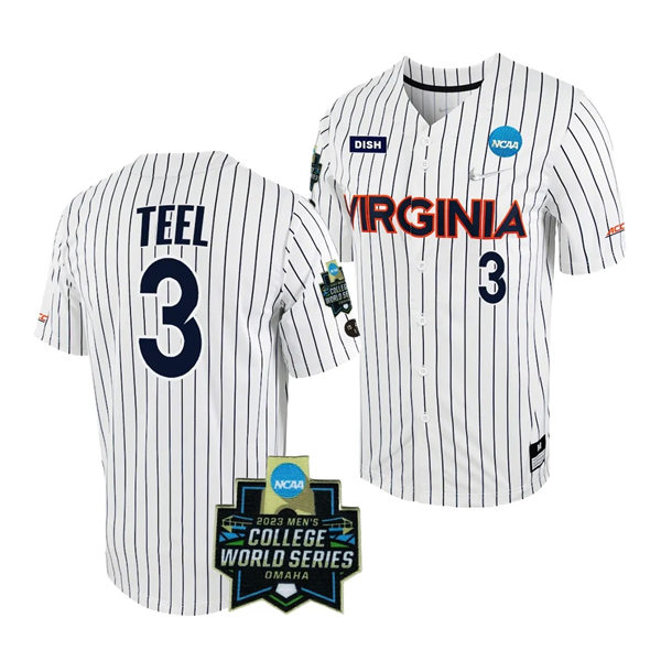 Virginia Cavaliers  #3 Kyle Teel Nike White Pinstripe 2023 College Baseball World Series Jersey
