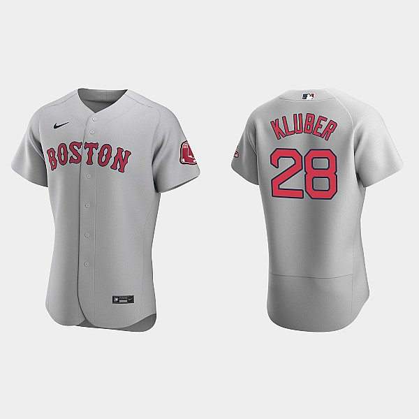 Mens Boston Red Sox #28 Corey Kluber Nike Gray Road Flex Base Jersey