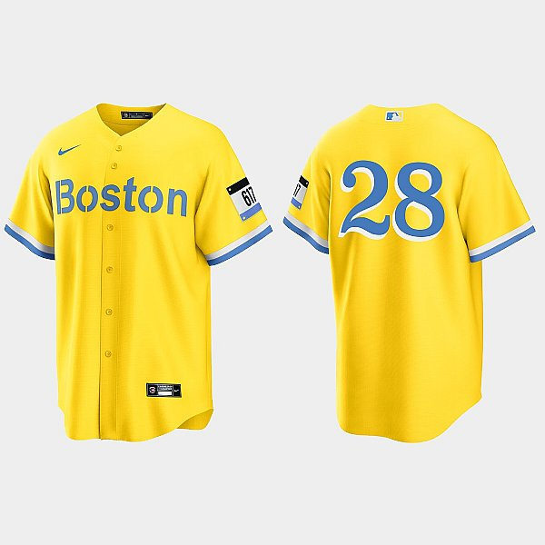 Mens Boston Red Sox #28 Corey Kluber Yellow Boston City Connect Jersey