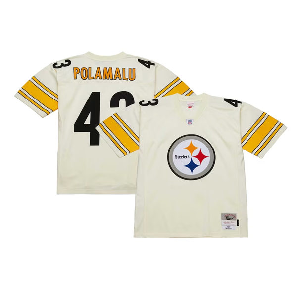 Mens Pittsburgh Steelers #43 Troy Polamalu Cream Chainstitch Legacy Jersey