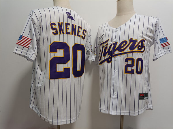 Mens LSU Tigers #20 Paul Skenes Nike White Pinstripe 2023 College Baseball Jersey Mens LSU Tigers #20 Paul Skenes Nike White Pinstripe 2023 College Baseball Jersey