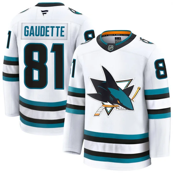 Mens San Jose Sharks #81 Adam Gaudette Fanatics White Away Premium Jersey