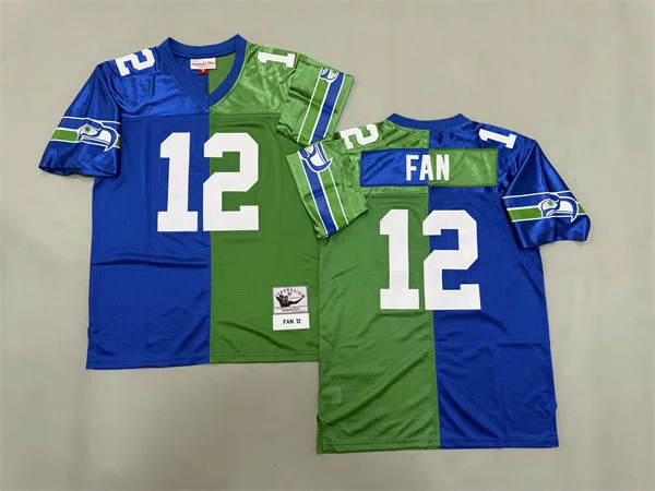 Mens Seattle Seahawks 12 Fan Royal Green Split Two Tone Throwback Jersey