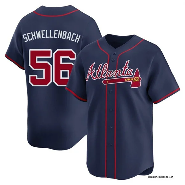 Mens Atlanta Braves #56 Spencer Schwellenbach Nike Navy Red Strip Alternate Limited Player Jersey