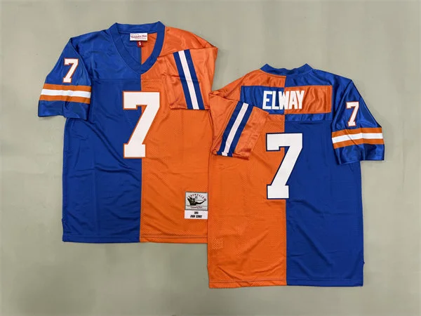 Mens Denver Broncos #7 John Elway 1990 Royal Orange Split Two Tone Throwback Jersey