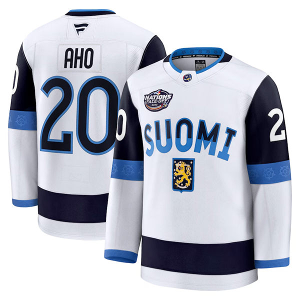 Men's Youth Finland #20 Sebastian Aho Fanatics White 2025 4 Nations Face-Off Premium Jersey
