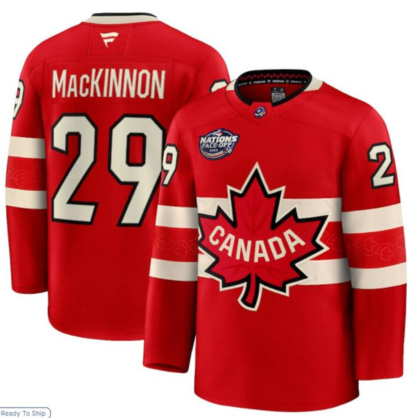 Men's Youth Canada #29 Nathan MacKinnon Red 2025 4 Nations Face-Off Premium Jersey (No custom)
