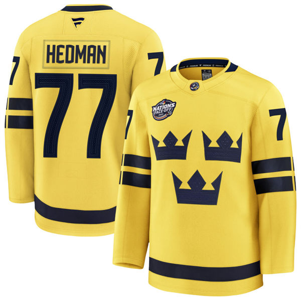 Men's Youth Sweden #77 Victor Hedman Fanatics Yellow 2025 4 Nations Face-Off Premium Jersey