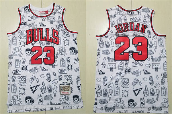 Men's Chicago Bulls #23 Michael Jordan Mitchell & Ness Chi-Town Cartoon Doodle Jersey 