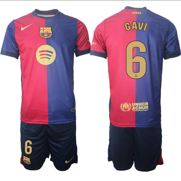 Mens FC Barcelona  #6 Gavi 2025 Red Blue Home Soccer Jersey kit