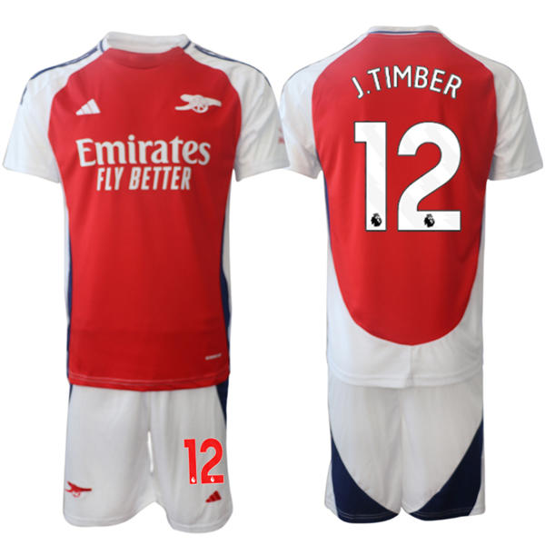 Mens Arsenal FC #12 Jurrien Timber 2025 Red Home Soccer Jersey kit