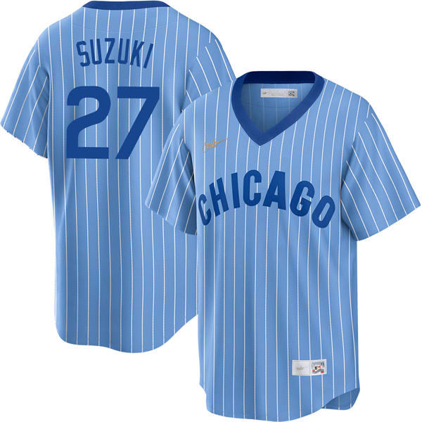 Mens Chicago Cubs #27 Seiya Suzuki Nike Blue Pinstripe Pullover 1978 Cooperstown Jersey
