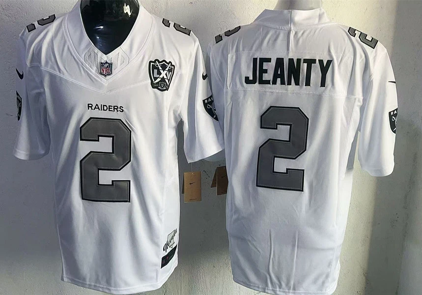 Men's Las Vegas Raiders #2 Ashton Jeanty White Silver 1960-2024 65TH Anniversary Gratitude F.U.S.E. Limited Jersey
