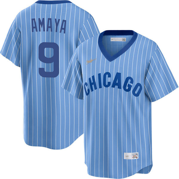 Mens Chicago Cubs #9 Miguel Amaya Blue Pinstripe Pullover 1978 Cooperstown Jersey