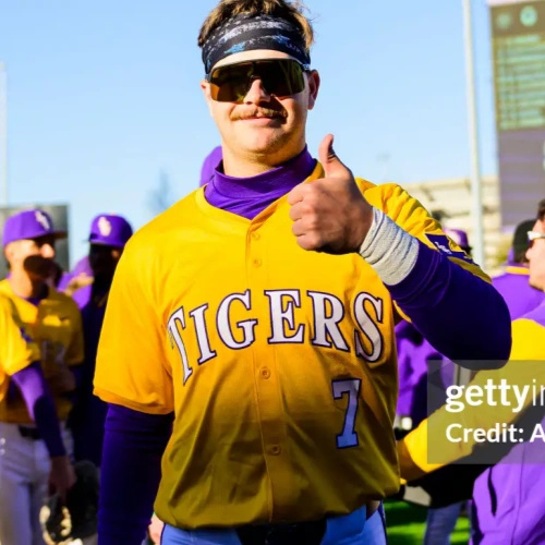 Mens Youth LSU Tigers #7 Jake Brown 2025 Gold College Baseball Jersey