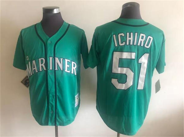 Men's Seattle Mariners #51 Ichiro Suzuki Mitchell & Ness Aqua 2001 Cooperstown Collection Throwback Jersey