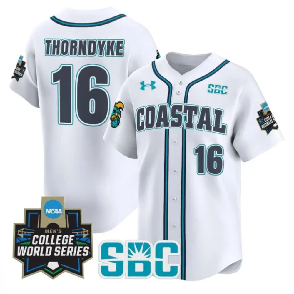 Coastal Carolina Chanticleers #16 Colby Thorndyke White 2025 College Baseball World Series Jersey