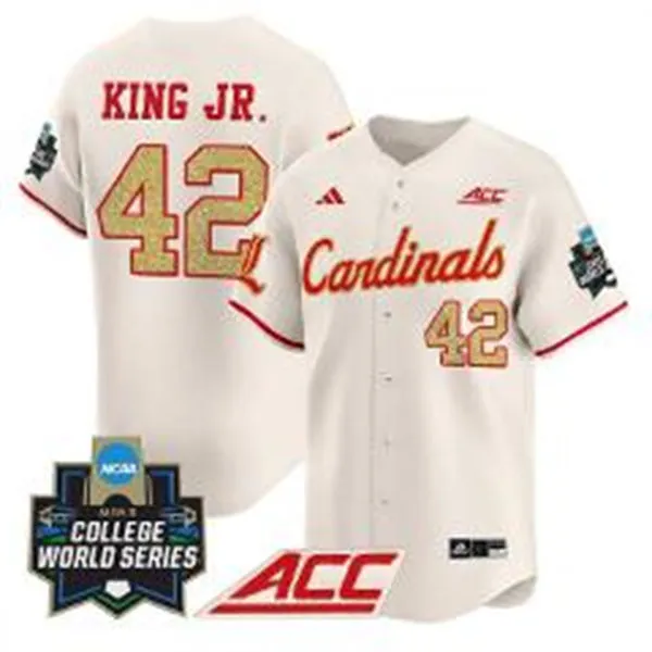 Louisville Cardinals #42 Eddie King Jr. Cream 2025 College Baseball World Series Jersey