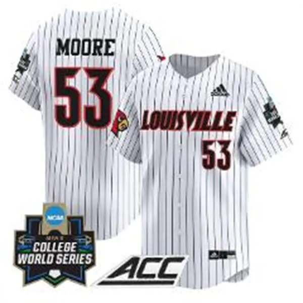 Louisville Cardinals #53 Lucas Moore White Pinstripe 2025 College Baseball World Series Jersey