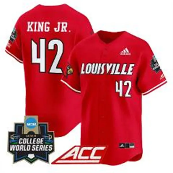 Louisville Cardinals #42 Eddie King Jr. Red Full button 2025 College Baseball World Series Jersey