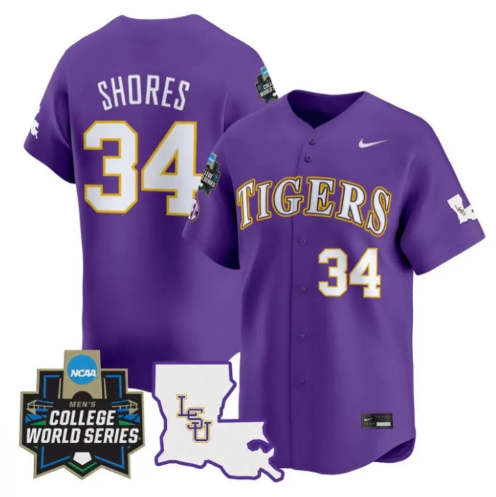 LSU Tigers #34 Chase Shores Purple 2025 College Baseball World Series Game Jersey
