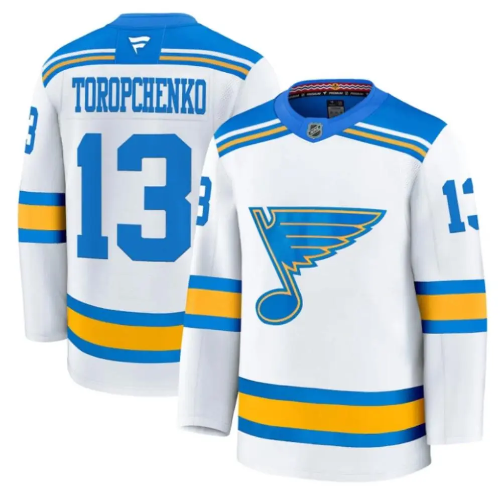 Mens St. Louis Blues #13 Alexey Toropchenko Fanatics 2025 White Away Player Premium Jersey