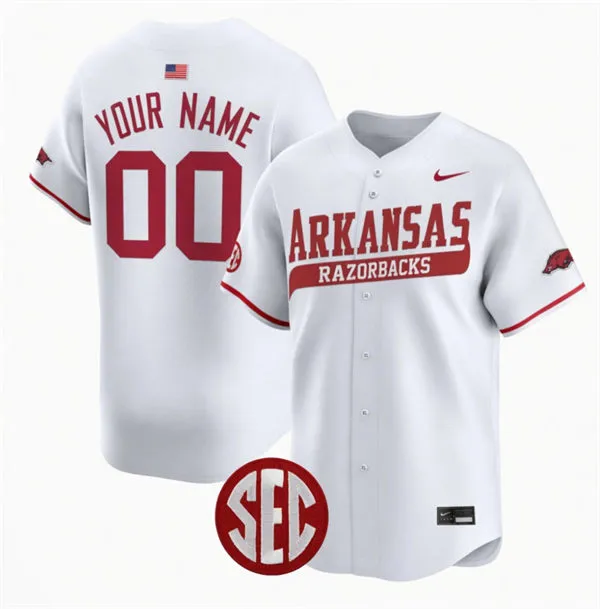 Mens Youth Arkansas Razorbacks Custom 2025 White Baseball Game Jersey