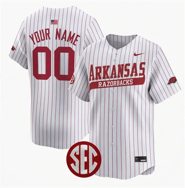 Mens Youth Arkansas Razorbacks Custom 2025 White Pinstripe Baseball Game Jersey