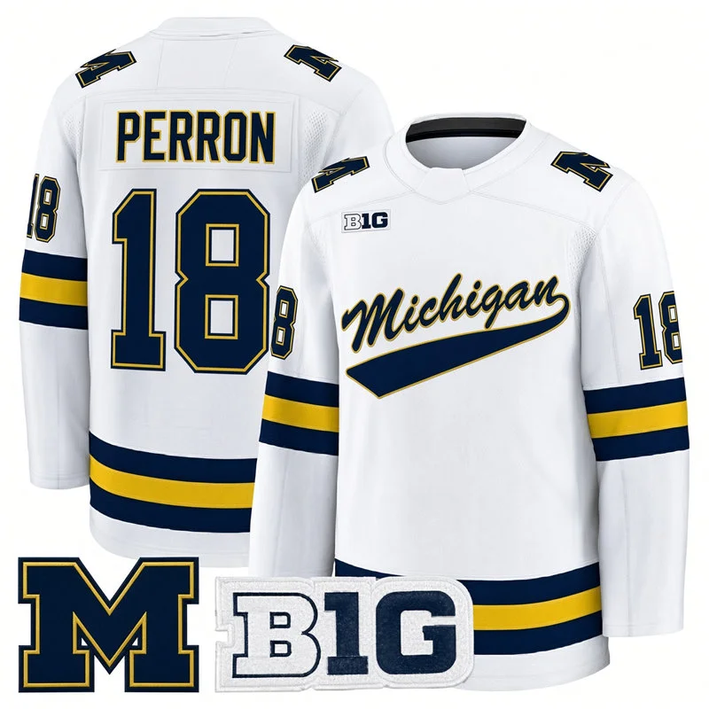 Michigan Wolverines #18 Jayden Perron White Hockey Game Jersey