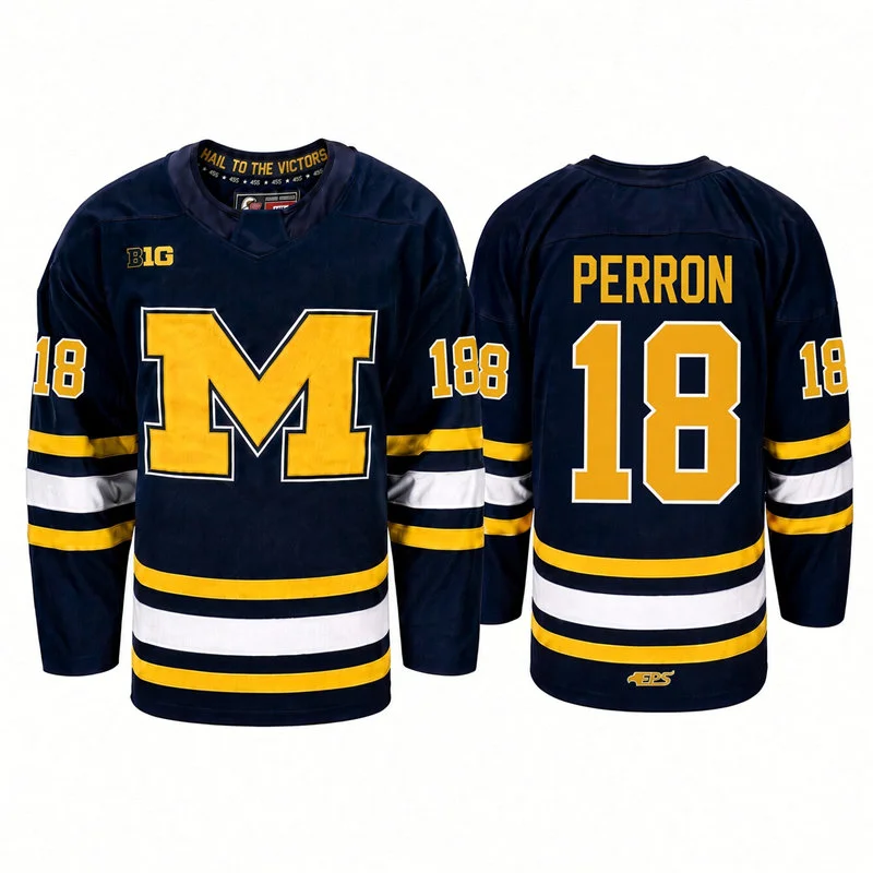 Michigan Wolverines #18 Jayden Perron Navy Hockey Game Jersey