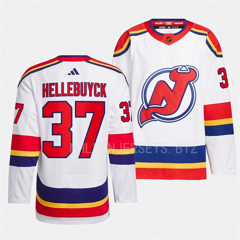 Mens New Jersey Devils #37 Connor Hellebuyck White 2022 Reverse Retro Primegreen Jersey