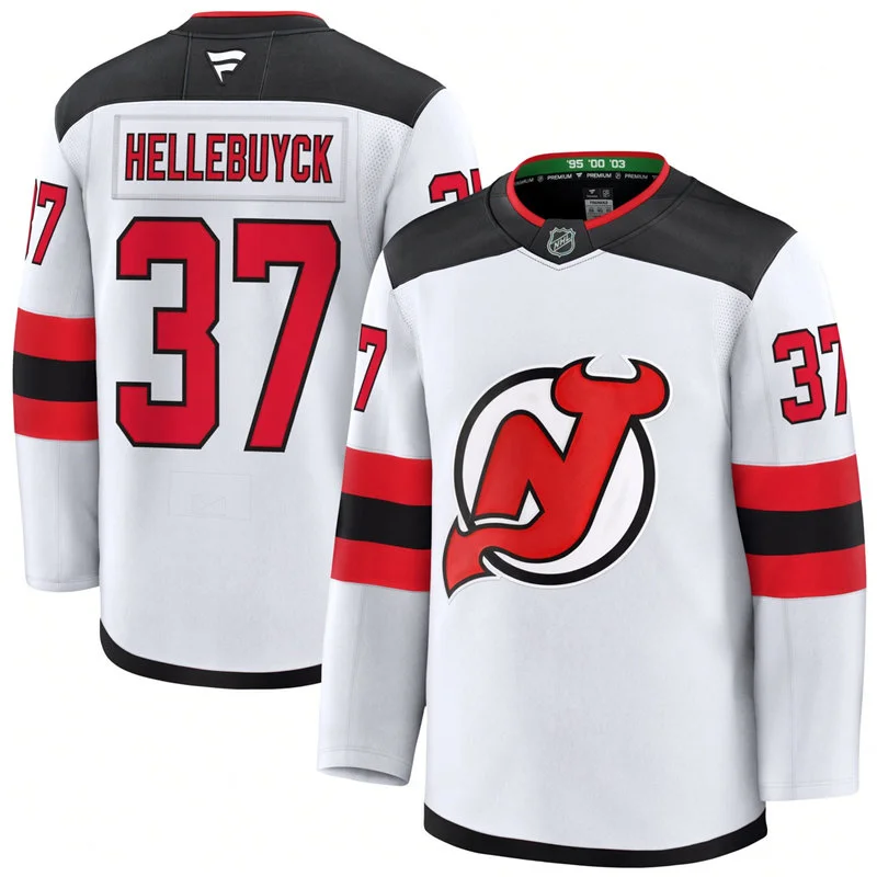 Mens New Jersey Devils #37 Connor Hellebuyck Fanatics Away White Premium Jersey