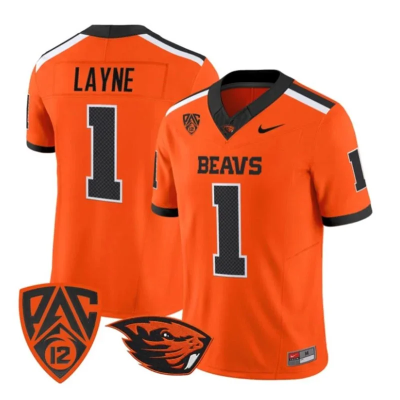 Oregon State Beavers #1 Dylan Layne Orange Football Game Jersey