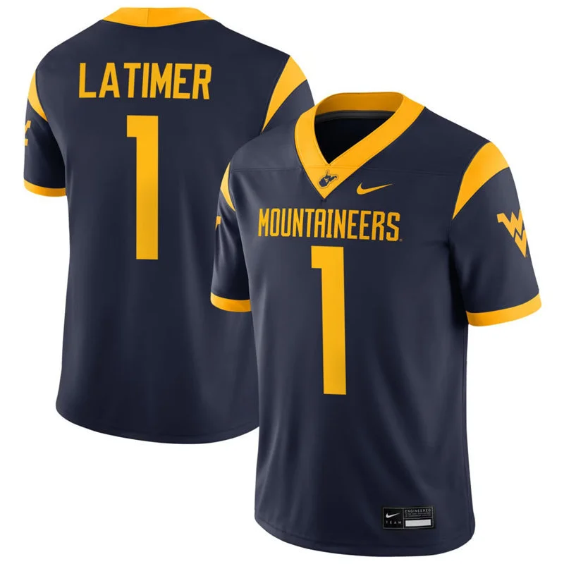 West Virginia Mountaineers #1 Amari Latimer Navy Football Game Jersey