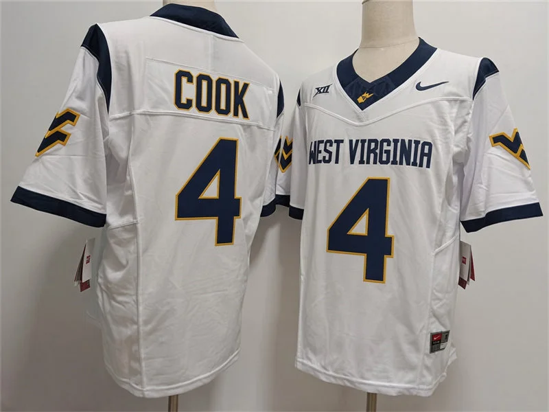 West Virginia Mountaineers #4 Cam Cook White Football Game Jersey