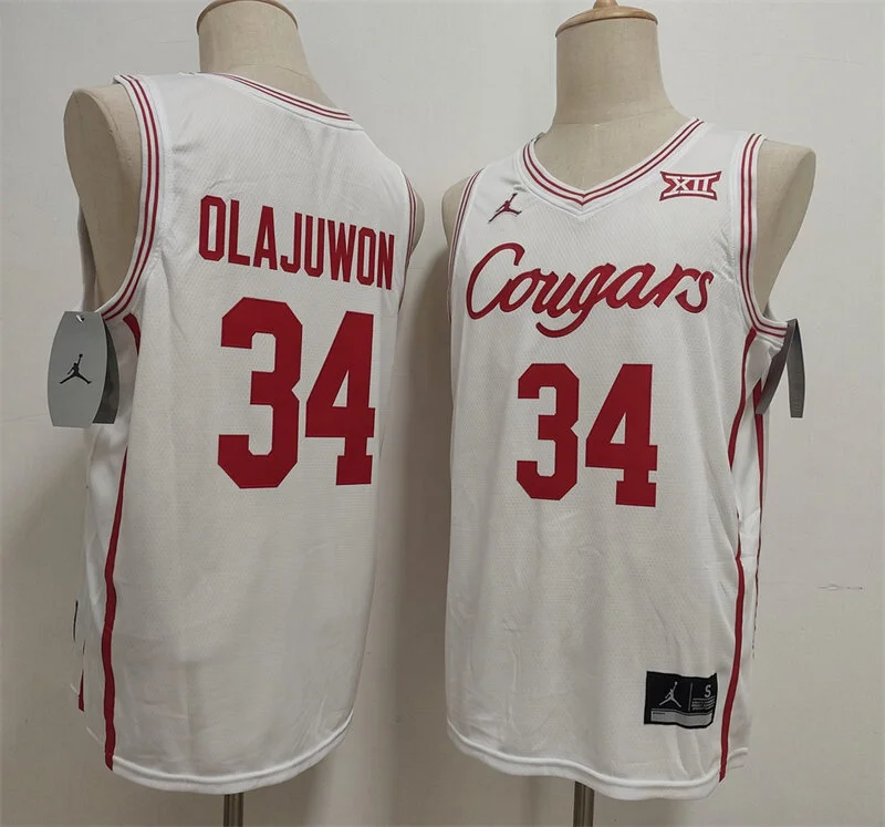 Houston Cougars Retried Player #34 Hakeem Olajuwon White Cougars Basketball Game Jersey
