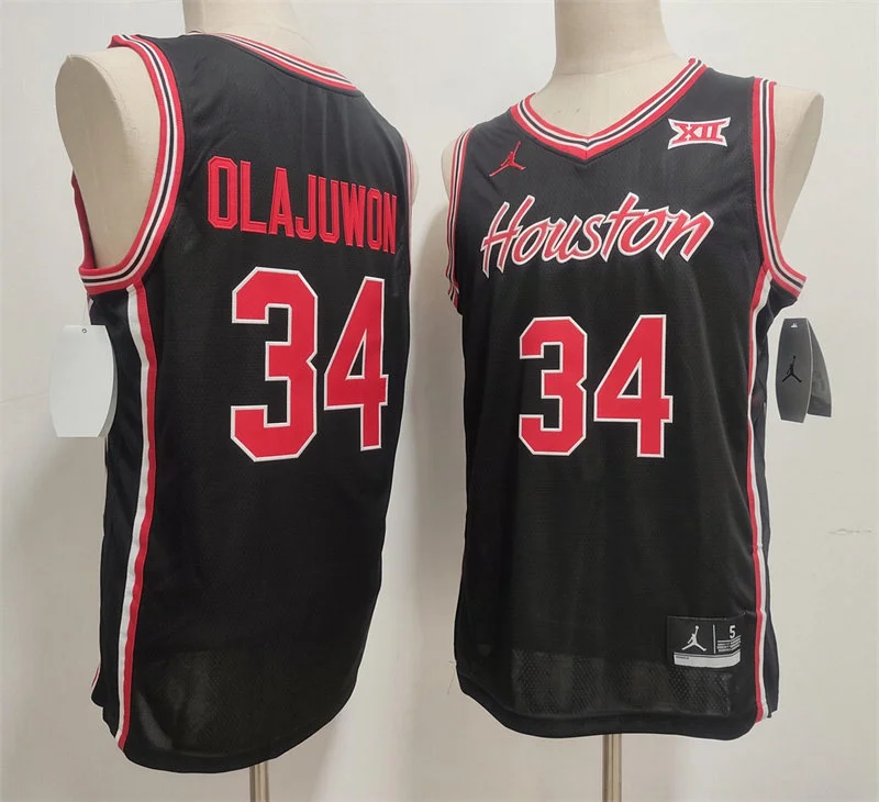 Houston Cougars Retried Player #34 Hakeem Olajuwon Black Houston Basketball Game Jersey