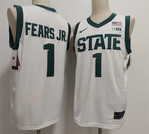 Mens Michigan State Spartans #1 Jeremy Fears Jr. 2025 White Basketball Game Jersey