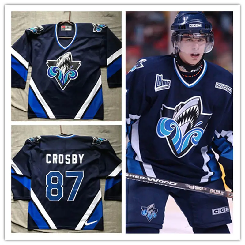 Mens Rimouski Oceanic #87 Sidney Crosby 2004-05 CCM Navy Home QMJHL Hockey Jersey