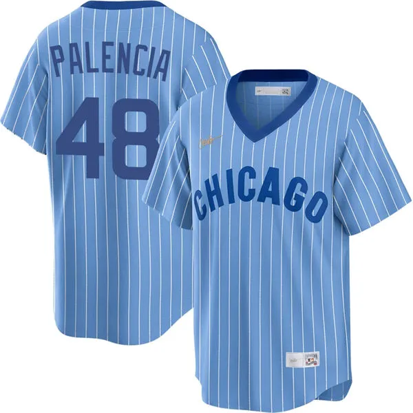 Mens Chicago Cubs #48 Daniel Palencia Blue Pinstripe Pullover 1978 Cooperstown Jersey